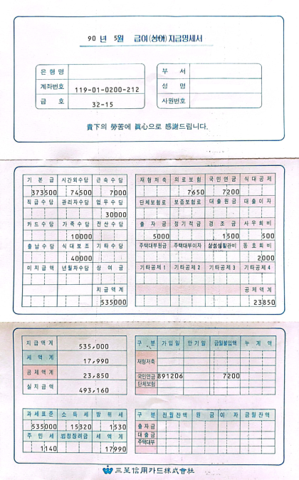 90년도 삼성카드 재직자 급여, 상여금, 연차수당, 귀성비