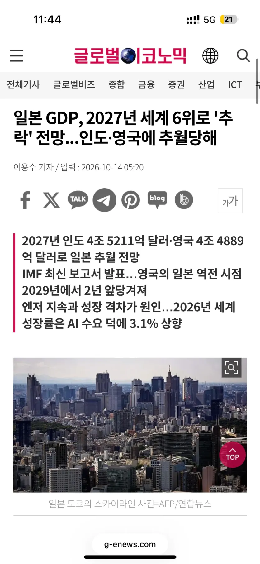 충격 일본 경제 영국 인도한테 밀려 6위 ㄷ